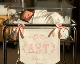 Custom Baby Banner, Welcome Banner with Floral crest, Bows Baby Banner, Hospital Door Sign, Baby Shower Gifts, Newborn Gifts