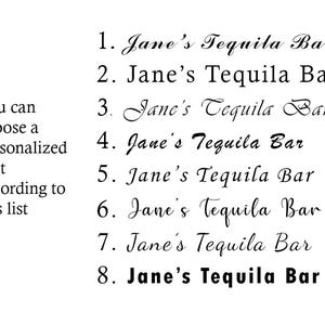 May include: A white background displays eight variations of the text "Jane's Tequila Bar" in different fonts. The text "You can choose a personalized font according to this list" is also present.