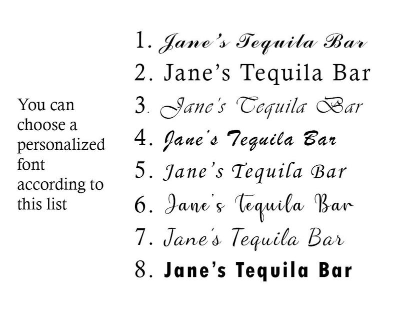 May include: A white background displays eight variations of the text "Jane's Tequila Bar" in different fonts. The text "You can choose a personalized font according to this list" is also present.