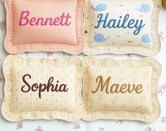 Custom Embroidered Muslin Baby Pillow with Ruffles: Personalized Nursery Decor, name pillow, Floral ruffle M119