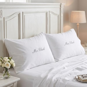 Luxury Personalised Oxford Pillowcase, Embroidered Pillowcase, Elegant Embroidered Initials, Wedding Gift, Custom Script, Timeless Bedding
