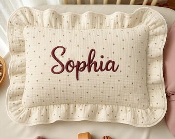 Personalized Baby Name Pillow with Ruffles, Embroidered Muslin Nursery Cushion, Custom Gift for Baby Shower, Newborn Baby  M119