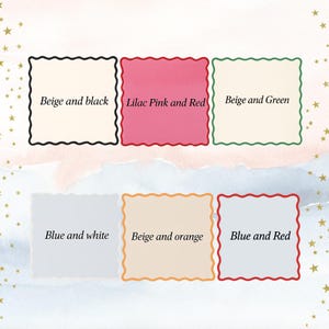 May include: Six square cards with scalloped edges and color combinations: beige and black, lilac pink and red, beige and green, blue and white, beige and orange, and blue and red. Gold stars are scattered around the cards.
