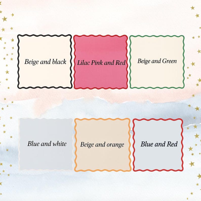 May include: Six square cards with scalloped edges and color combinations: beige and black, lilac pink and red, beige and green, blue and white, beige and orange, and blue and red. Gold stars are scattered around the cards.