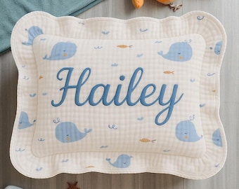 Personalized Baby Name Pillow/Soft Plaid Nursery Cushion with Ruffled Trim/Custom Embroidered Gift for Shower/Newborn/Gender Reveal M119