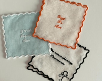 Personalized Cocktail Napkin, Linen Wedding Napkin, Custom Bar Napkin, Custom Fabric Coaster, Embroidered Party Napkin,Wedding Favor (Set 4)