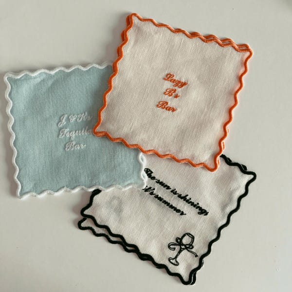 Personalized Cocktail Napkin, Linen Wedding Napkin, Custom Bar Napkin, Custom Fabric Coaster, Embroidered Party Napkin,Wedding Favor (Set 4)