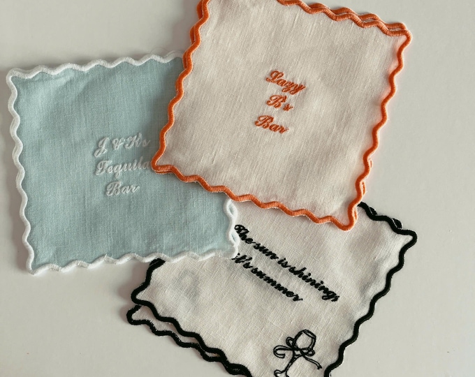 Personalized Cocktail Napkin, Linen Wedding Napkin, Custom Bar Napkin, Custom Fabric Coaster, Embroidered Party Napkin,Wedding Favor (Set 4)