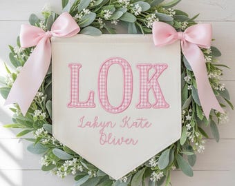 Personalized Baby Name Banner – Welcome Sign with Bows, Hospital Door & Baby Shower Decor, Gingham nursery decor