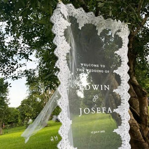 Letrero de boda transparente, letrero de boda romántico, telón de fondo de boda, pancarta de boda de gasa, letrero de boda de organza, letrero de bienvenida de tela