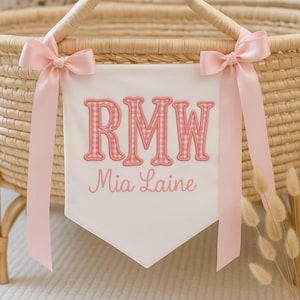 Embroidered Monogram Baby Banner: Floral Crest, Satin Bow, Nursery Decor