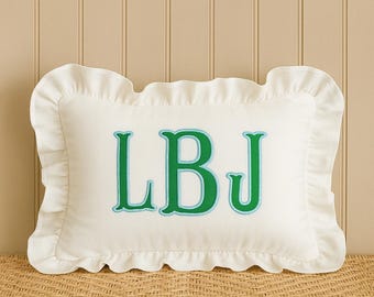 Personalized Embroidered Ruffled Pillow: Custom Monogram, Baby Name Cushion