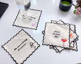 Personalized Cocktail Napkin, Linen Wedding Napkin, Custom Bar Napkin, Custom Fabric Coaster, Embroidered Party Napkin,Wedding Favor (Set 4)
