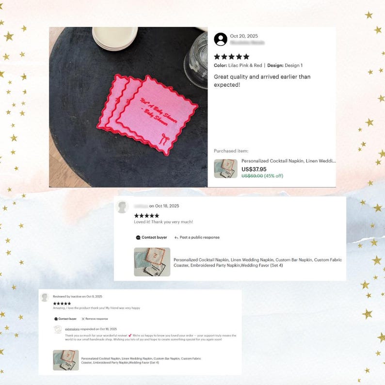May include: Two pink cocktail napkins with red scalloped edges are displayed. The napkins have the text "Not A Baby Shower - Baby Shower" in a script font. The napkins are on a dark surface.