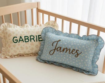 Personalized Muslin Ruffle Baby Pillow: Custom Embroidered Nursery Decor