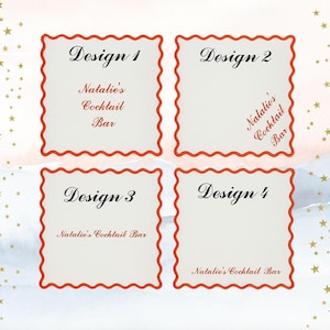 May include: Four square cocktail napkins with a white background and a red scalloped border. Each napkin features the text "Design" followed by a number, and "Natalie's Cocktail Bar" in elegant script.