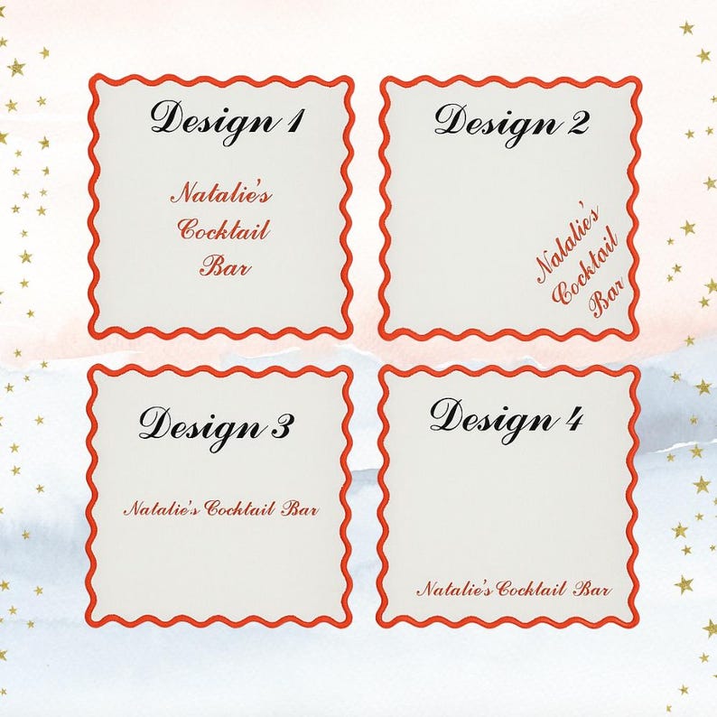 May include: Four square cocktail napkins with a white background and a red scalloped border. Each napkin features the text "Design" followed by a number, and "Natalie's Cocktail Bar" in elegant script.