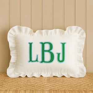Custom Name Ruffle Pillow with Embroidered Initials | Elegant Baby Shower Gift | White Monogram Pillow , Applique Monogram Pillow