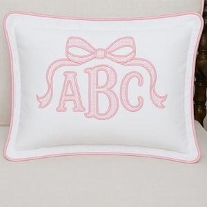 Custom Piped Edge Embroidered Monogram Baby Bow Pillow - Nursery Pillow with Ruffles, Newborn Bedding Decor, Wedding Gift, Baby Shower