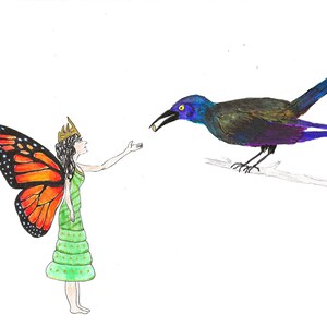 May include: A fairy with a butterfly wing costume and a crown offers a small object to a blue bird perched on a branch.