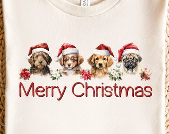 Buon Natale cuccioli Png sublimazione design, cani carini che indossano cappelli di Babbo Natale Png, design della maglietta di Natale, download digitale istantaneo