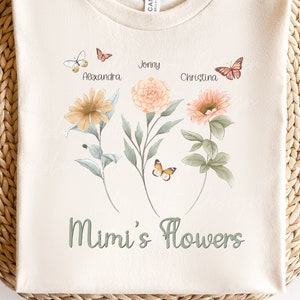 Mimi&#39;s Flowers PNG Sublimation, Custom Grandkids Names Flowers, Design For T shirts, Personalized Gift For Grandma Png. Mother&#39;s Day Png
