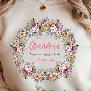 Personalized Grandma PNG Sublimation, Custom Grand Kids Names With Floral Design, Design For T shirts, Personalized Gift For Grandmother Png