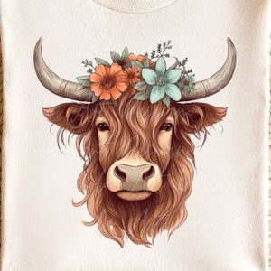 Highland Cow PNG Sublimacja Projekt, Przezroczyste Tło Urocza Highland Cow z kwiatowym wieńcem Sublimacja, Highland Cow Clipart Png