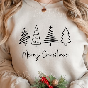 K&ouml;nnte beinhalten: Ein wei&szlig;er Pullover mit einem schwarzen Design aus vier stilisierten Weihnachtsb&auml;umen und dem Text "Frohe Weihnachten".