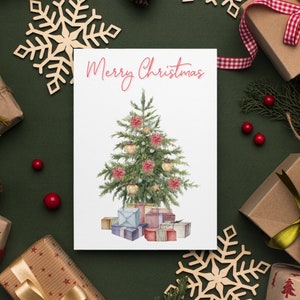 Albero di Natale con regali Cartolina di buon Natale, cartolina di Natale con albero ad acquerello, biglietti di auguri di Natale, cartoline di Natale fai da te, DOWNLOAD DIGITALE