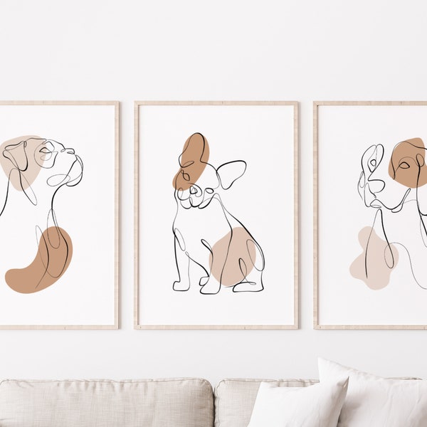 One Line Drawing Art Dog Portrait, Set De 3 Tirages-Boxer,Français Bulldog & Beagle,Boho Art Mural Minimaliste,AFFICHE IMPRIMABLE,TÉLÉCHARGEMENT NUMÉRIQUE