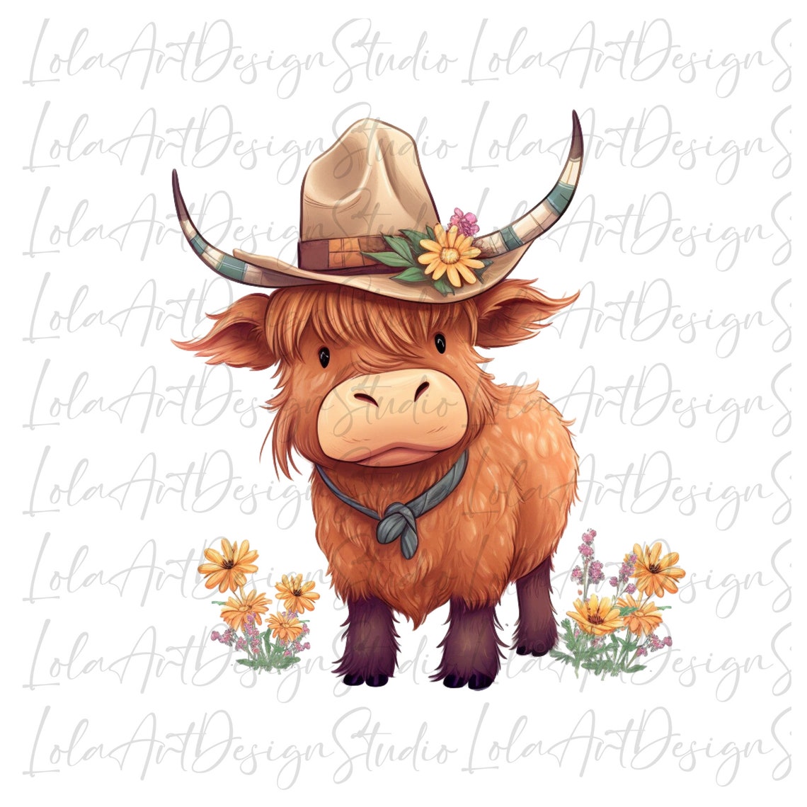 Highland Cow PNG Sublimation Design, Transparent Background Cute Cowboy ...