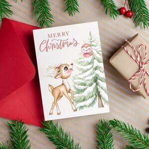 Cute Watercolor Reindeer Merry Christmas Card,Deer Holidays Card ,Merry Christmas Greeting Cards, DIGITAL DOWNLOAD