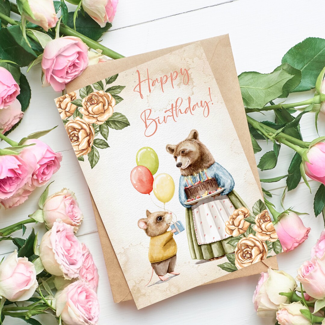 Cute Vintage Style Birthday Printable Card /happy Birthday Card Bear ...