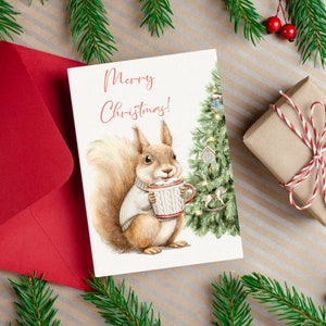 Tarjeta de Feliz Navidad de Ardilla, Ardilla Acogedora de Acuarela con Taza y Tarjeta de Árbol de Navidad, Tarjetas de Felicitación de Feliz Navidad, DESCARGA DIGITAL