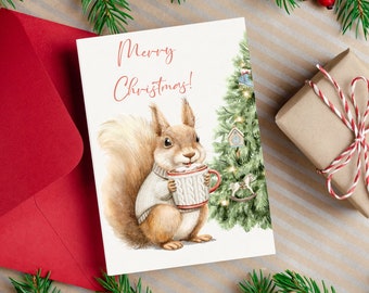 Carte de joyeux Noël écureuil, écureuil confortable aquarelle avec tasse et carte de sapin de Noël, cartes de voeux joyeux Noël, téléchargement numérique
