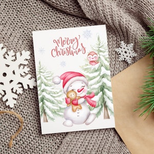 Cartão de Natal bonito do boneco de neve, cartão de Natal do boneco de neve para impressão, cartões de feliz Natal, cartões de Natal DIY, DOWNLOAD DIGITAL