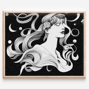 Printable Art Nouveau Gift For Her Or Him, Black And White Victorian Illustration, Art Nouveau Decor, Abstract Art Nouveau