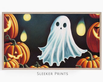 Ghost And Pumpkins Frame Tv Art, Halloween Tv Art, Samsung Tv Art, Instant Digital Download