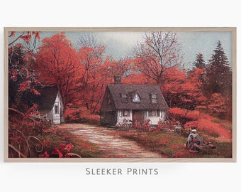 Vintage Hüttenbild BilderRahmen Tv, Cottagecore Fall Landschaft Tv Wandkunst, Illustration Frame TV, Herbst Rahmen TV Kunst, Digitaler Download