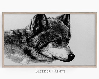 Wolf Sketch Frame Tv, Husky Art For Tv, Instant Download, Black And White Tv Frame Art, Wolf Drawing Samsung Frame Art, Digital Download