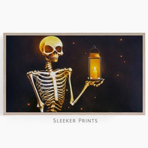 Skeleton Holding Lantern Frame Tv, Halloween Frame Tv Art, Gothic Samsung Frame Tv, Descarga digital