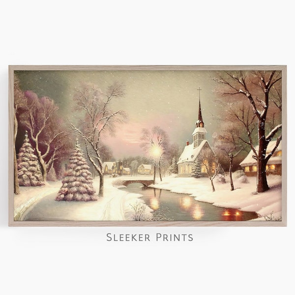 Art For Tv Christmas Holiday Church Painting, Tv Wall Art Pink Winter Landscape, Frame Tv Digital Art, Christmas Frame Tv, Instant Download