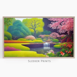 Frame Tv Art, Samsung Frame Art, Cherry Blossom Garden With Waterfall, Instant Download, Colorful Landscape Painting For Frame Tv Art