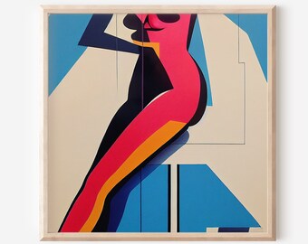 Printable Geometric Art Print Of Woman's Body, Digital Female Abstract, Abstract Figure Art, Funky Wall Art, Female Silhouette, Blue, Pink