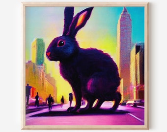 Printable Surreal Abstract Bunny Print, Purple And Pink Rabbit Art, Bunny Drawing, Giant Bunny Painting, Rabbit Art, Bunny Gift, Pink Bunny