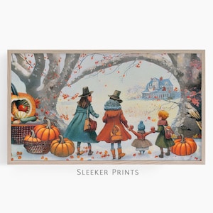 Puede incluir: Una ilustración vintage de cuatro personas caminando por un bosque nevado con calabazas y una casa en el fondo. Las personas llevan ropa de otoño y sombreros. La ilustración está enmarcada en un marco de madera claro.