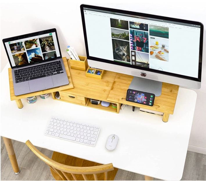 Bambus Monitor Regal Für 2 Monitore - Höhenverstellbar Mit Stauraum