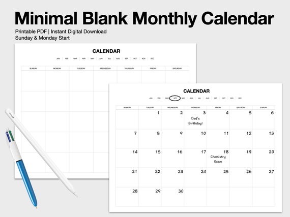 Minimal Blank Monthly Calendar Template Download Digital - Etsy