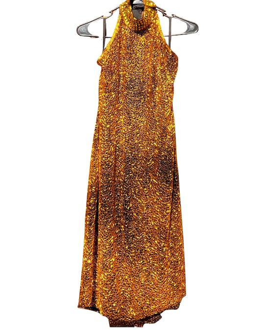The Diva - Vintage 1990s Lillie Rubin Halter Gown, Gold Beaded Embellishment, Backless Showstopper Dress